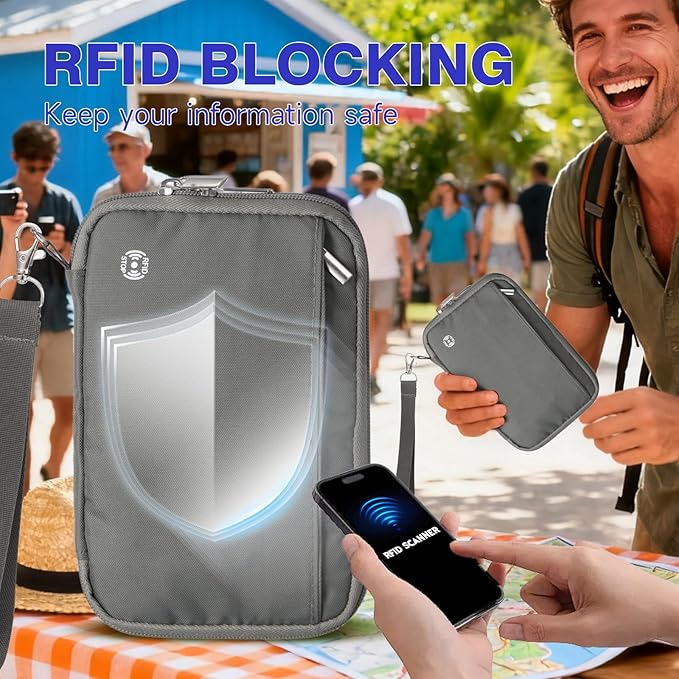 WALNEW Passport Holder for Travel Family, RFID-Blocking Travel Wallet Holder for 6 Passports, Water Resistant Bag Document Organizer for Cards, Cash, Boarding Passes, Tickets (Gray)