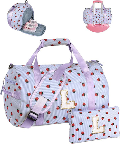 Dance Recital Gifts for Niece, Girls Gym Bag, Kids Personalized Overnight Duffle Bags with Shoe Compartment, Monogram Travel Tote with Makeup Bag, Trendy Stuff for Teen Girl (Letter L)