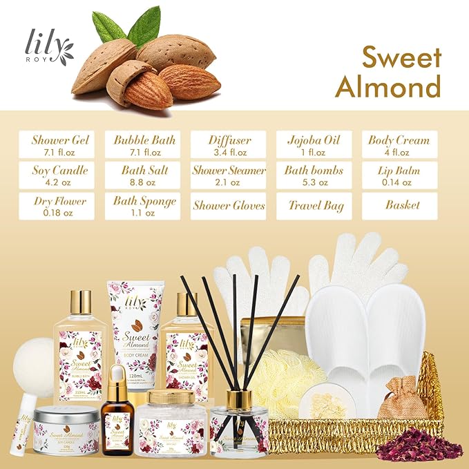 Christmas Spa Gift Basket Set for Women 17-Piece Almond Luxury Spa Gift Set Bath & Body Care Kit with Shower Gel, Body Cream | Valentine's, Mothers Day Gifts for Mom, Birthday Gifts for Her, Wife, Mom