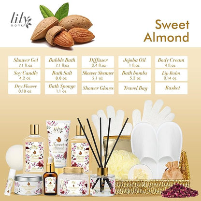 Christmas Spa Gift Basket Set for Women 17-Piece Almond Luxury Spa Gift Set Bath & Body Care Kit with Shower Gel, Body Cream | Valentine's, Mothers Day Gifts for Mom, Birthday Gifts for Her, Wife, Mom