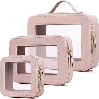 Pinkmik Clear Makeup Bag Waterproof Travel Case for Cosmetics and Toiletries Women's Purse Organizer and Clear Car Bag with Zipper (Pink, L+M+MINI)
