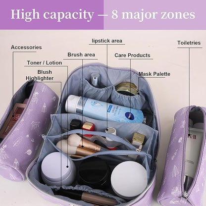 BOYATU Travel Makeup Bag Cosmetic Bags for Women: 3 Pcs Set Portable Make up Bag with Handle - Vegan Leather Toiletry Bags with Compartments - Makeup Organizer for Travel Essentials(L-3-Lilac)