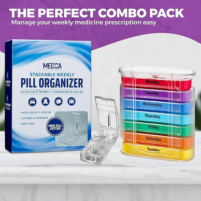 V-Grip Pill Splitter - Stackable Pill Organizer with 4 Daily Compartments, Medicine, Vitamin Organizer with AM/PM Boxes