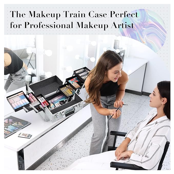 FRENESSA Makeup Case Cosmetic Train Case Organizer 11.8 Inch Large Makeup Box Travel Storage Make Up Train Carrying Case with 6 Trays Locking Hard Vanity Storage Glitter Silver