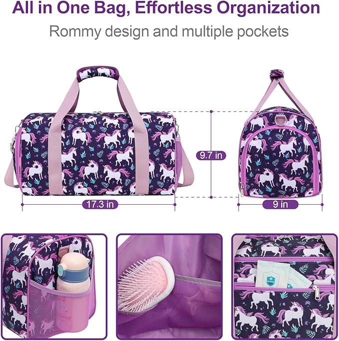 Bagseri Dance Bag for Girls - Ballet Bag for Girls with Shoes Compartment Kids Duffle Bag for Overnight Travel Sleepover with Dry Wet Separation Pockets (Deep Purple Unicorn)