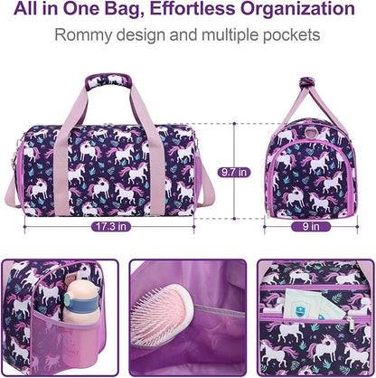 Bagseri Dance Bag for Girls - Ballet Bag for Girls with Shoes Compartment Kids Duffle Bag for Overnight Travel Sleepover with Dry Wet Separation Pockets (Deep Purple Unicorn)