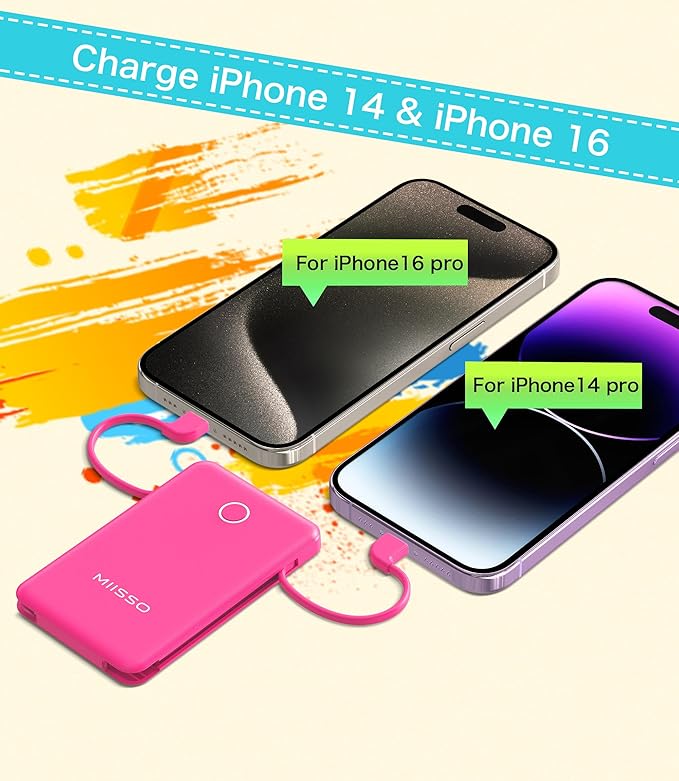 miisso 6000mah Ultra Slim Built in Cables Power Bank, Card Size Built in USB C Cords Battery Pack Portable Charger for Phones, 3 Output External Battery Pack Compatible with iPhone, Plum Red