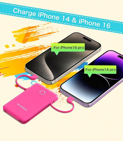 miisso 6000mah Ultra Slim Built in Cables Power Bank, Card Size Built in USB C Cords Battery Pack Portable Charger for Phones, 3 Output External Battery Pack Compatible with iPhone, Plum Red