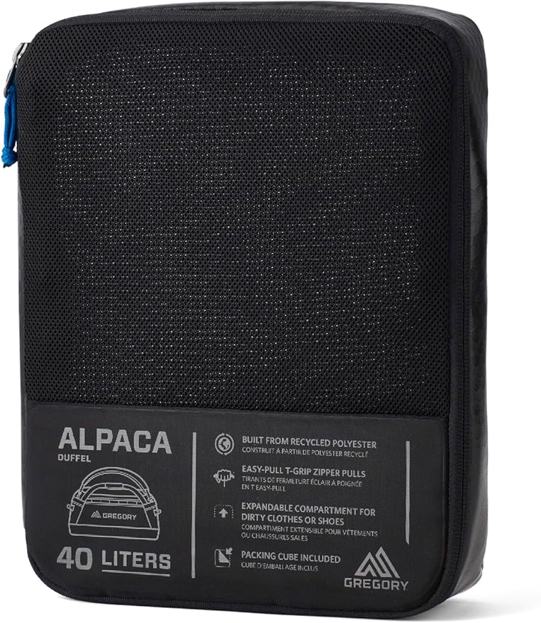 Gregory Alpaca 40L Water-Resistant Adventure Travel/Gear Organization Duffel Bag with Packing Cube Included, Obsidian Black