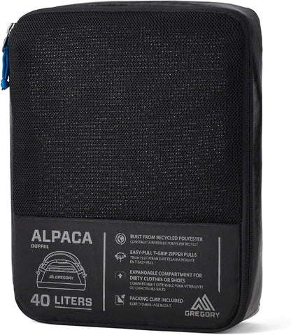 Gregory Alpaca 40L Water-Resistant Adventure Travel/Gear Organization Duffel Bag with Packing Cube Included, Obsidian Black
