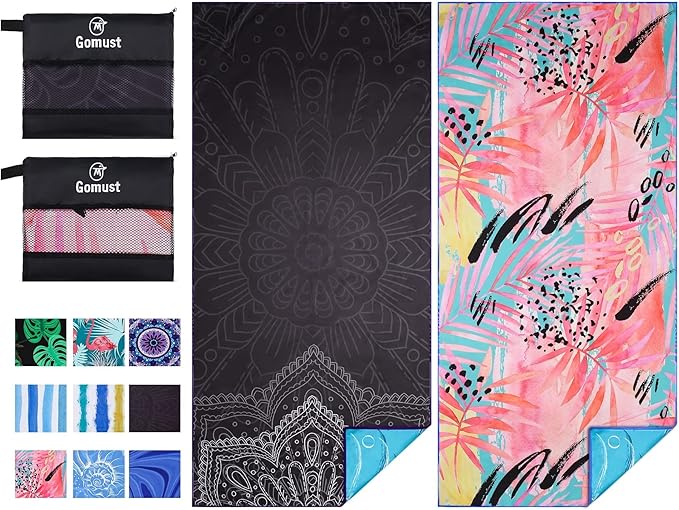 2 Pack Lightweight Thin Beach Towel Oversized 71"x32" Big Extra Large Microfiber Sand Free Towels for Adult Quick Dry Travel Camping Beach Accessories Vacation Essential Gift Black Mandala Pink Leaf
