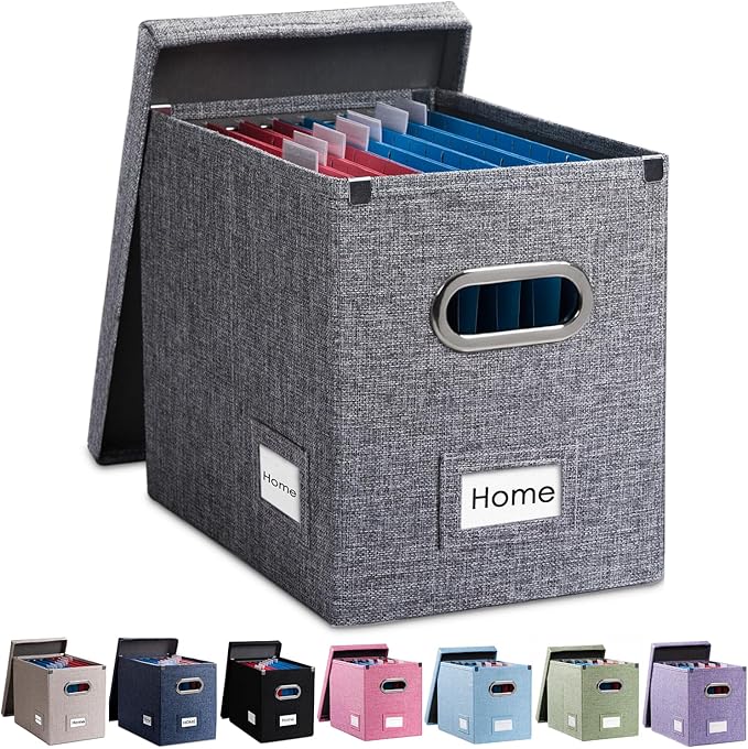 PRANDOM File Organizer Box - Set of 1 Collapsible Decorative Linen Filing Storage Hanging File Folders with Lids Office Cabinet Letter Size Grey (14x9.3x10.8 inch)