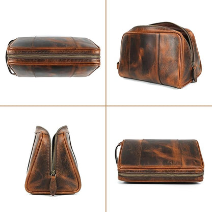 ELIZO Premium REAL Leather Toiletry Bag for Men Dopp Kitt Hanging Mens Toiletry Large TSA Toiletries Bag Shaving Grooming Bag Organizer