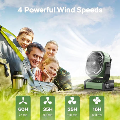 KITWLEMEN Camping Fan with Light - 20000mAh Rechargeable Battery Fan, 60Hrs Max Run Time, 4 Speeds, Timer, Auto Oscillation, 270° Pivot & Hook for Camping, Power Outage, Hurricane