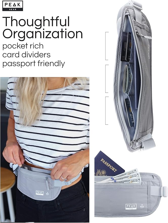 Peak Gear Travel Money Belt. Premium Quality Travel Wallet with RFID Blocking Fabric to Protect Credit Cards, Passports and Documents. Exclusive Theft Protection and 2 Recovery Tags | Gray