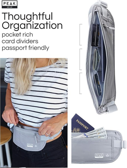 Peak Gear Travel Money Belt. Premium Quality Travel Wallet with RFID Blocking Fabric to Protect Credit Cards, Passports and Documents. Exclusive Theft Protection and 2 Recovery Tags | Gray
