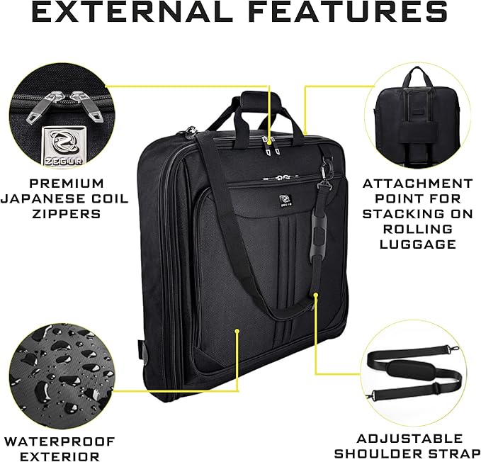 Premium Suit Garment Bag Carry On - Hangs 4 Suits - Travel & Business with Shoulder Strap and Laptop Compartment
