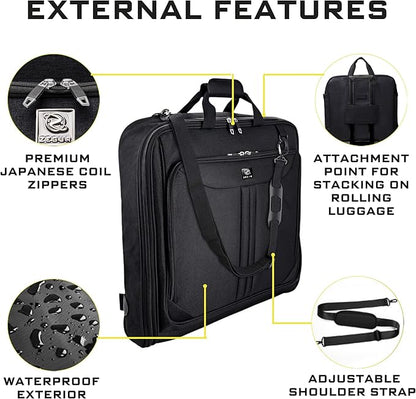 Premium Suit Garment Bag Carry On - Hangs 4 Suits - Travel & Business with Shoulder Strap and Laptop Compartment