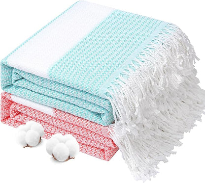 Genovega 2 Packs Oversized Turkish Beach Towels 74"x38" Thin Quick Dry Sand Free Pool Swim Bathing Towel Extra Large Blanket Adult Travel Essentials Accessories Summer Vacation LightGreen Pink Dot