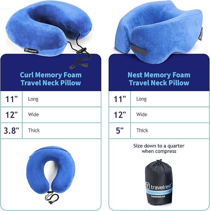 TRAVELREST Travel Essential Neck Pillow Curl - Memory Foam, Washable Micro-Fiber Cover, Soft and Comfortable Head Support for Long Flights, Compact, Attaches to Luggage, Airplanes, Cars, Bus - Blue