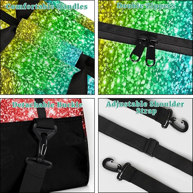 Personalized Kids Sports Duffel Bag with Name Custom Weekender Overnight Bag for Boys Girls Gym Bag Travel Dance Gymnastics Duffel Bag, Rainbow Glitter