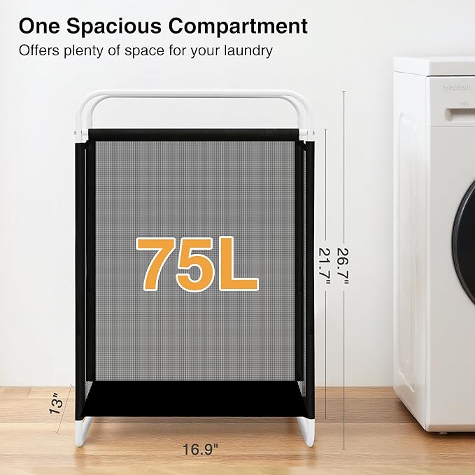 STO STO Laundry Hamper, 75L Laundry Basket with Vinyl Mesh Bag, Lightweight Portable Dirty Clothes Hamper, Laundry Bin with Metal Frame for Laundry Room, Bedroom, Closet and Dorm, Black Mesh