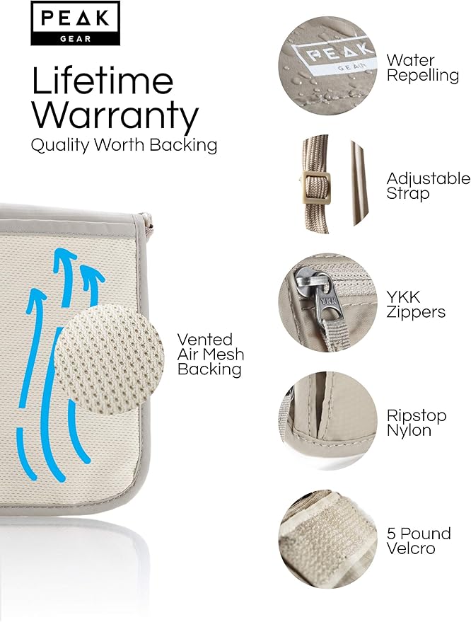 Peak Gear RFID Neck Wallet - The Original Travel Pouch with Adjustable Crossbody Strap + Theft Protection and Lost & Found Service | Beige