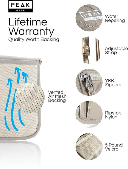 Peak Gear RFID Neck Wallet - The Original Travel Pouch with Adjustable Crossbody Strap + Theft Protection and Lost & Found Service | Beige