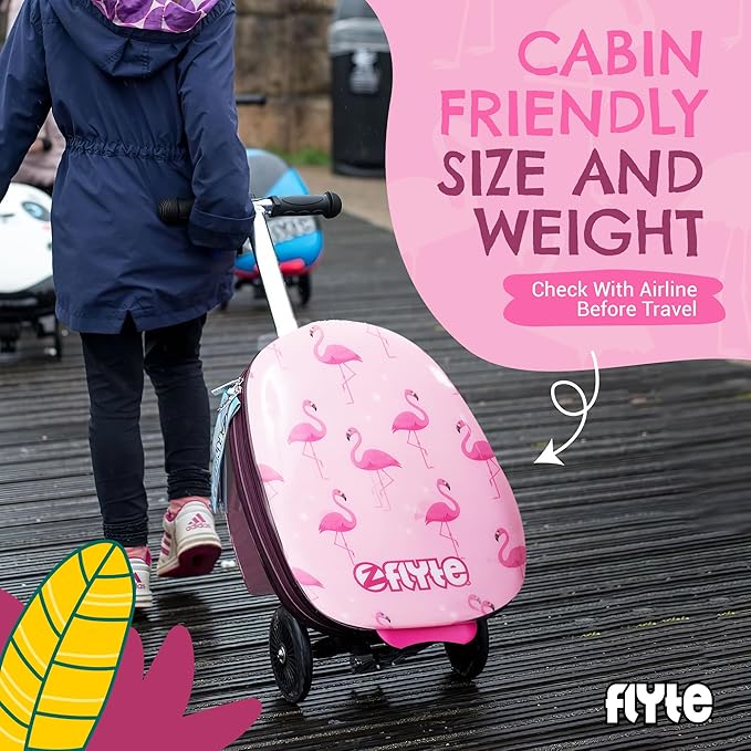 Flyte Fifi the Flamingo Scooter Suitcase - 2-in-1, 18 inch Ride on Suitcase for Kids, 25 Litre Capacity Kids' Luggage on Wheels for Boys and Girls Aged 4+, Rideable Carry on Children's Suitcases