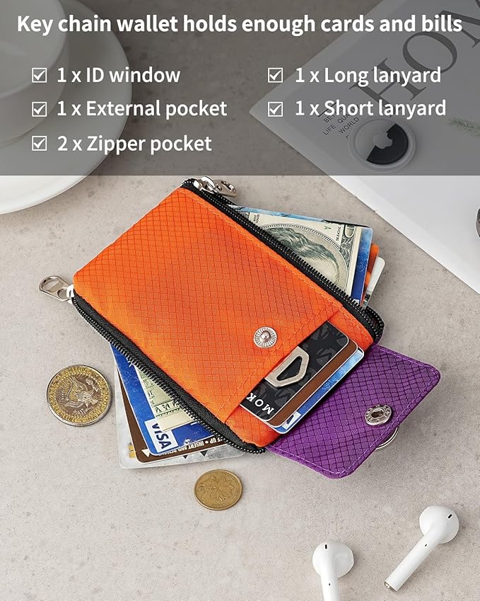 Minimalist Wallet For Mens Womens, Keychain RFID Blocking Zipper Small Wallet with ID Window 2 Lanyards,Water Resistant Travel Cash Card Coin Case Boys Girls