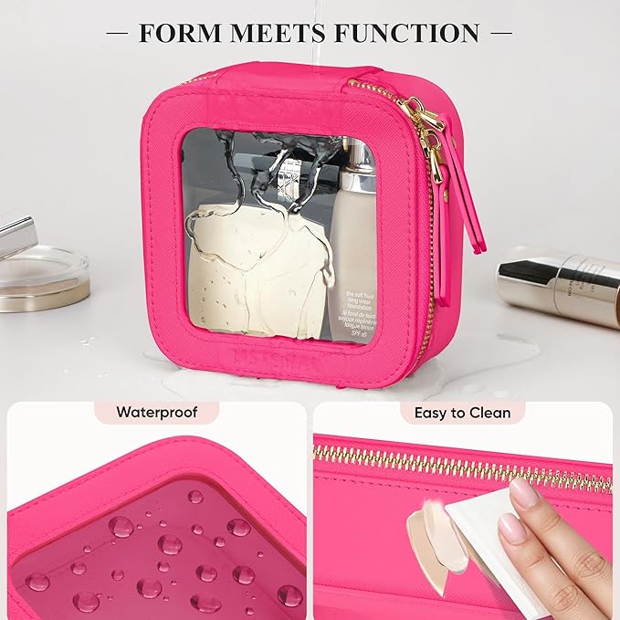 Clear Makeup Bag, Travel Toiletry Bag Cosmetic Case for Women, Waterproof Portable Small Make Up Skincare Pouch with Zipper, Compact Car Organizer Bag for Essentials, Mini Size, Hot Pink