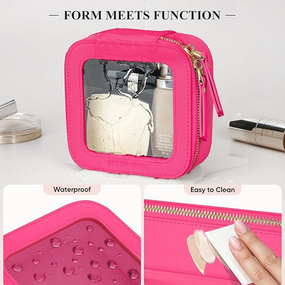 Clear Makeup Bag, Travel Toiletry Bag Cosmetic Case for Women, Waterproof Portable Small Make Up Skincare Pouch with Zipper, Compact Car Organizer Bag for Essentials, Mini Size, Hot Pink