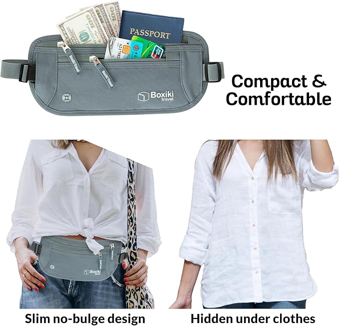 Money Belt for Travel w/RFID Blocking Technology - Hidden Travel Money Pouch for Cash, Credit Cards, Passport, and Travel Valuables - Secure Water Resistant Money Belt for Men & Women - Gray