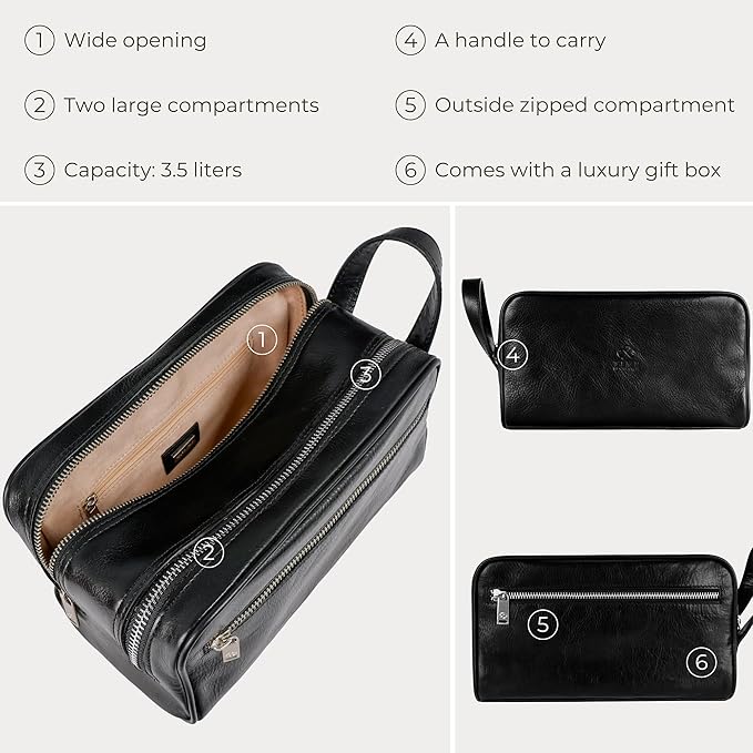 Time Resistance Leather Cosmetic Bag Toiletry Italian Classy Dopp Kit