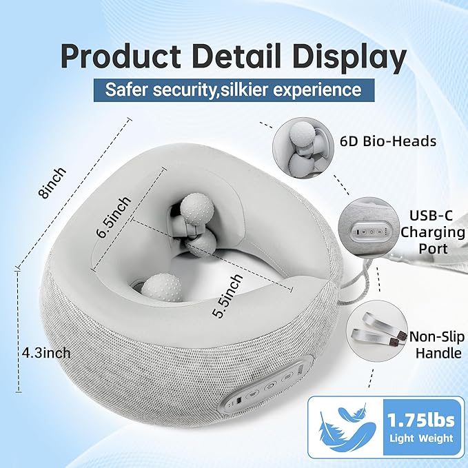 Neck Massager for Pain Relief Deep Tissue, Travel Pillow with Heat and Kneading,Neck Support Pillow for Airplane Sleeping Traveling Office & Home,Thoughtful Gifts for Women and Men(Off-White)