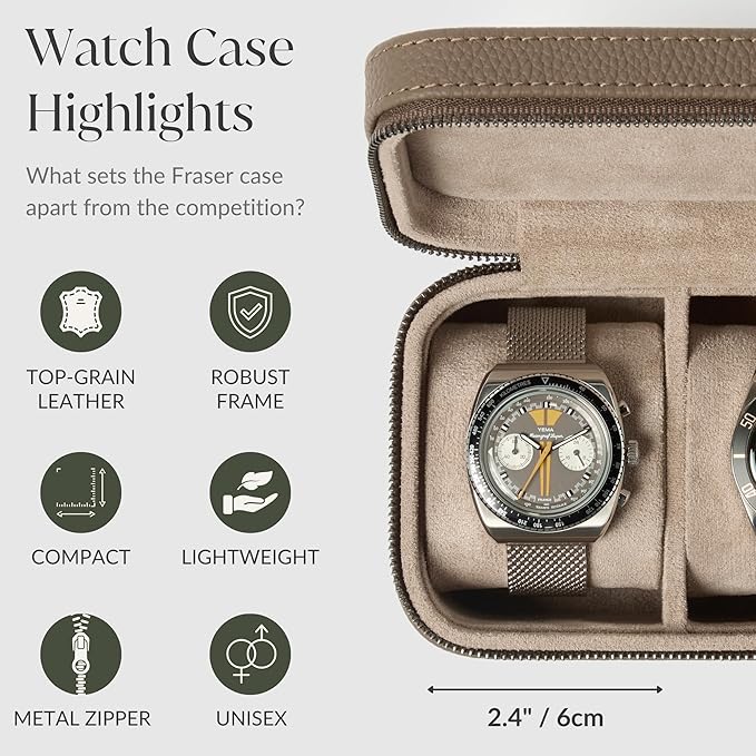 TAWBURY 2 Watch Travel Case - Genuine Top-Grain Leather Watch Box for Men & Women with Metal Zipper and Extra Wide Pillows for Large Watches (Taupe)