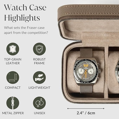 TAWBURY 2 Watch Travel Case - Genuine Top-Grain Leather Watch Box for Men & Women with Metal Zipper and Extra Wide Pillows for Large Watches (Taupe)