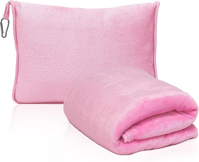 2-in-1 Convertible Travel Blanket & Pillow-Ultra Soft, Compact & Packable with Hand Luggage Sleeve and Backpack Clip for Flight & Car,Pink
