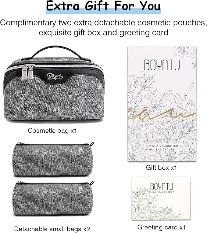 BOYATU Travel Makeup Bag Cosmetic Bags for Women: 3 Sets Large Capacity Make up Bag - Portable Toiletry Bags with Handle for Women(F-3-Black)