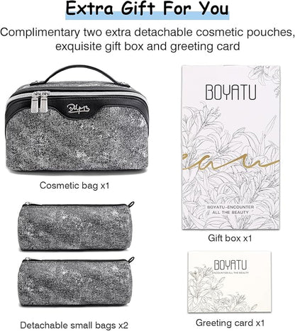 BOYATU Travel Makeup Bag Cosmetic Bags for Women: 3 Sets Large Capacity Make up Bag - Portable Toiletry Bags with Handle for Women(F-3-Black)