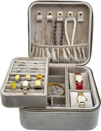 Large Velvet Travel Jewelry Organizer and Storage Case with Zipper Around,Jewelry Box (Champagne)