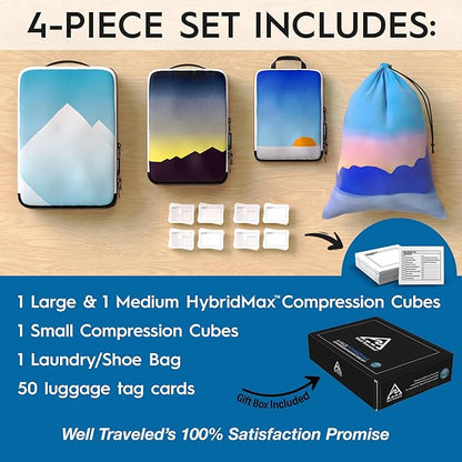 4-Piece Luxury Compression Packing Cubes & Bags for Travel – Maximize Space in Luggage with HybridMax Double-Capacity Design, 50 Luggage Tags, Patented Suitcase Organizer Bags, Lifetime Satisfaction