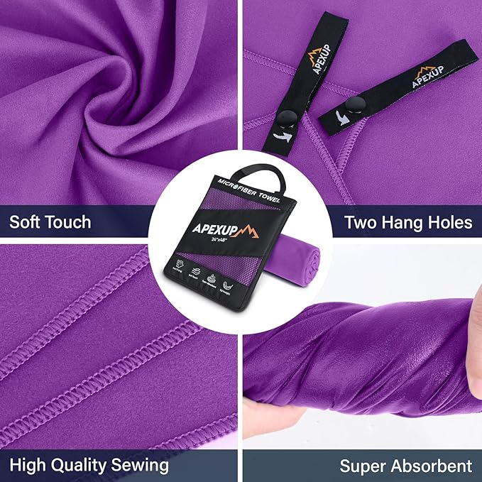 APEXUP Microfiber Travel Towel, Ultra Absorbent Quick Dry Towels, Lightweight Gym Sports Camping Towel for Workout, Yoga, Beach, Shower, Swimming (60"×30", Purple)