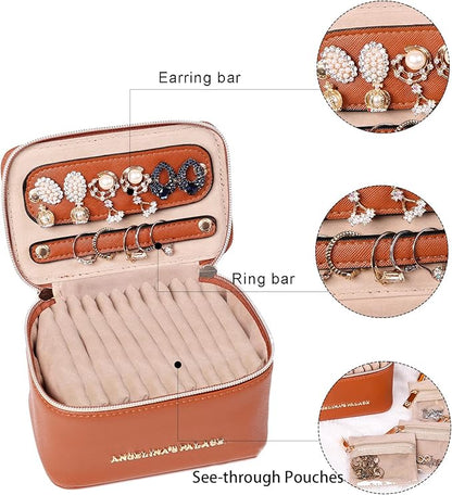 Angelina's Palace Jewelry Organizer Case Bridesmaid Gifts Travel Bag Vegan Leather Box for Necklace Earring Bracelet Ring(bran)