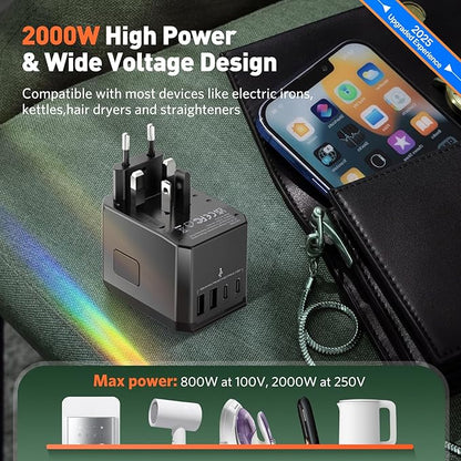 Universal Travel Adapter International Plug - European Travel Plug Adapter Worldwide US AUS EU UK Spain Germany Ireland Italy - All-in-one Travel Outlet Power Adapter with 3 USB C 2 USB A