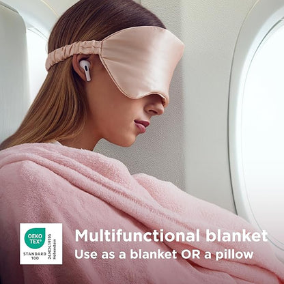 Bedsure Travel Blanket Airplane Compact with Storage Bag, Packable Blanket with Eye Mask, Lightweight 2-in-1 Travel Essentials, Functioned as Pillow for Airplane Comfort and Warmth, Pink