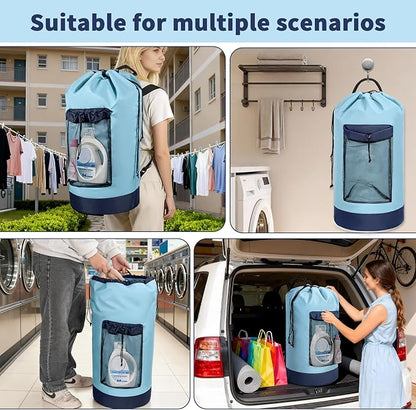 Laundry Bag Backpack with 3 Sizes Mesh Wash Bags and Shoulder Straps Foldable Clothes Hamper Bag with Drawstring Closure for College, Apartment, Laundromat (Light Blue)