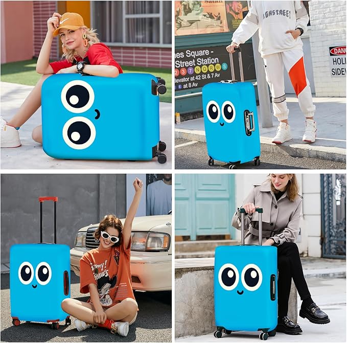 ANNA QUEEN Cute Smiley Face Luggage Cover, Light Blue Cartoon Suitcase Protector with Big Eyes Design, Stretchable, Washable Travel Cover for 28-30 Inch Luggage