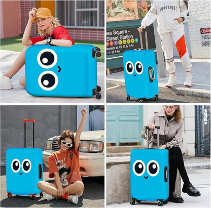 ANNA QUEEN Cute Smiley Face Luggage Cover, Light Blue Cartoon Suitcase Protector with Big Eyes Design, Stretchable, Washable Travel Cover for 28-30 Inch Luggage