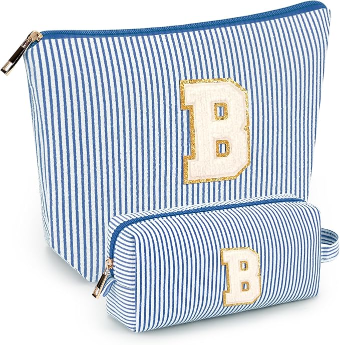 2 PCS Initial Makeup Bags for Women: Cosmetic Bag for Travel Toiletry - Birthday Gifts for 11 12 13 14 15 16 17 18 Years Old Girl Graduation Teacher Gift- Teen Girl Gifts Trendy Stuff - Blue B